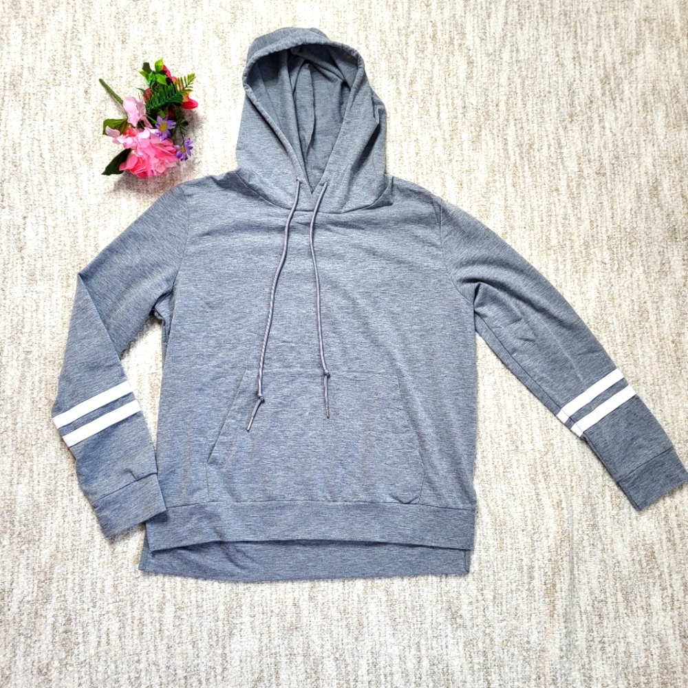 Leaduty grey light pullover hoodie with white track stripes on sleeves